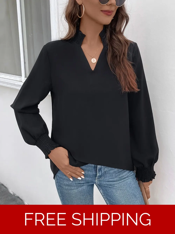 Smocked Notched Long Sleeve Blouse